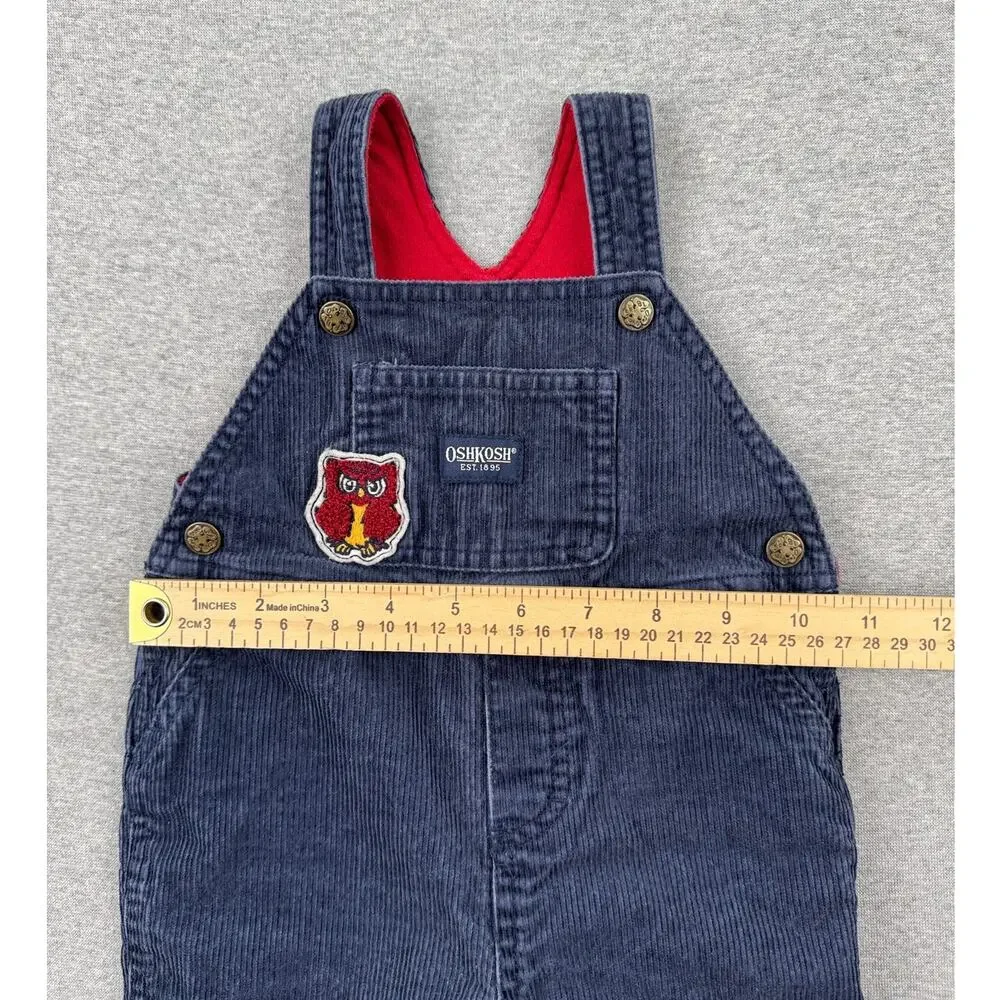 Vintage OshKosh Baby Corduroy Overalls 6/9 Months Navy Blue Owl Moose Patch